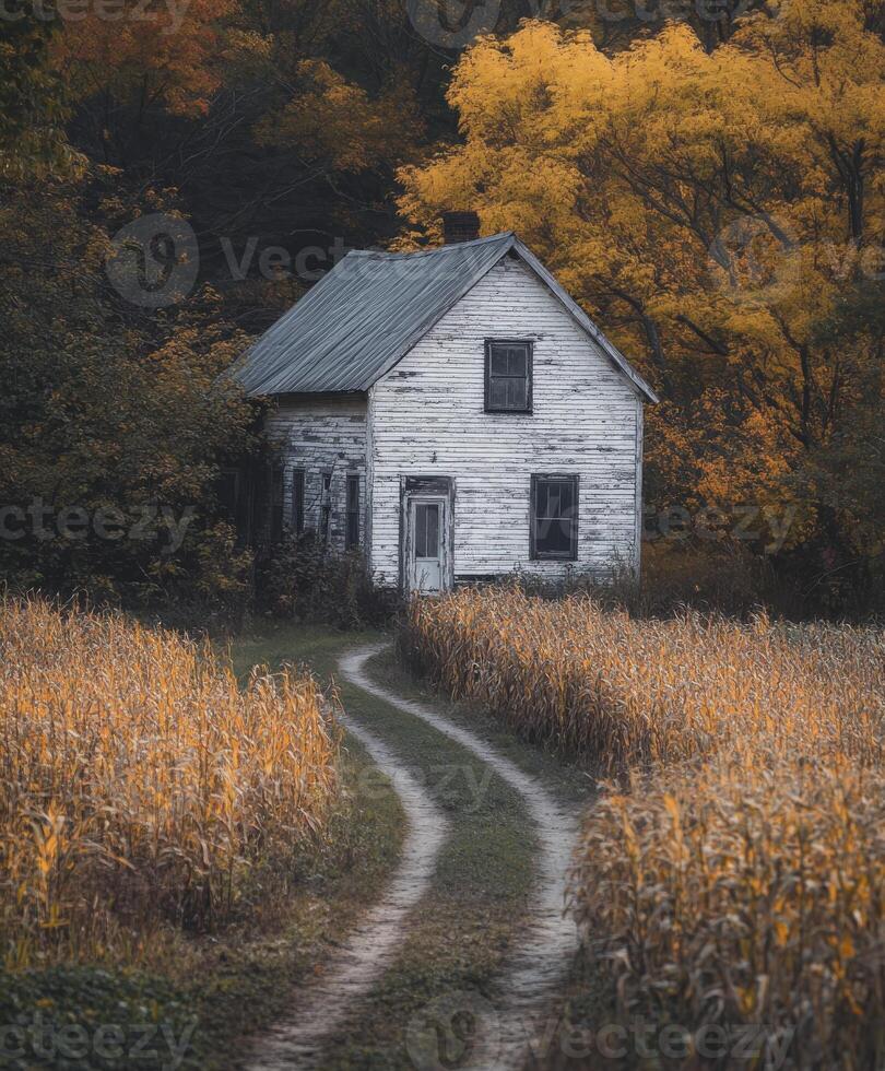 Charming autumn rural landscape featuring a quaint house and winding path photo