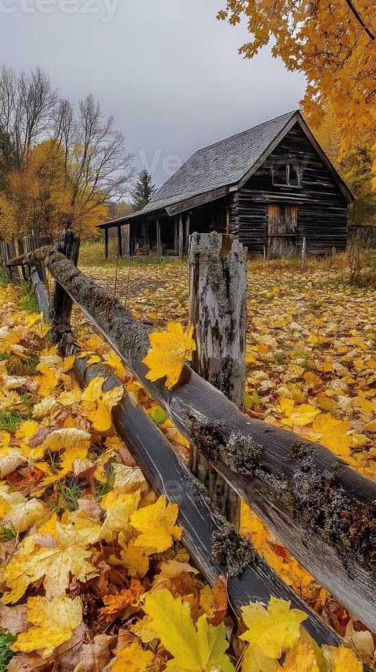 Autumn foliage blankets a rustic barn surrounded by tranquil countryside photo