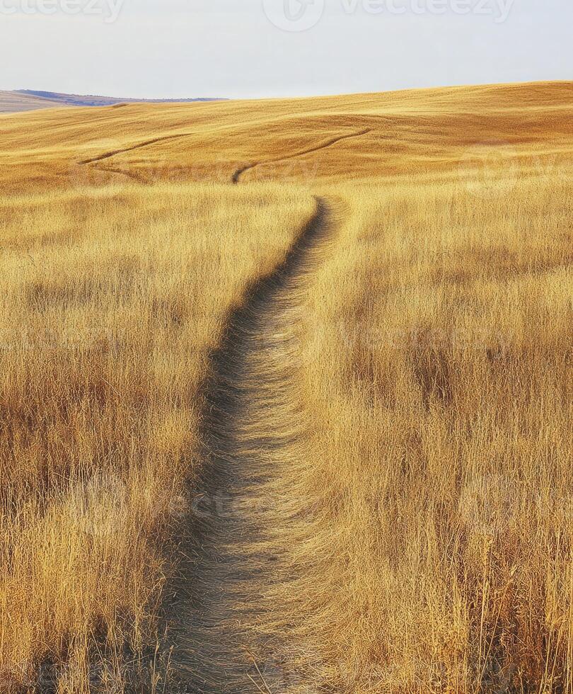 Winding path through golden autumn grassland under a clear sky photo
