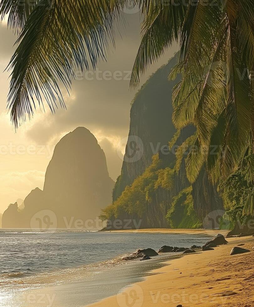 Tropical beach at dusk with mountains, calm waves, and palm trees photo