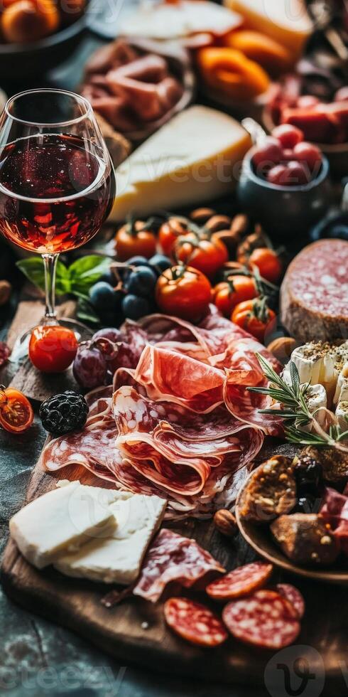 A gourmet spread of meats, cheeses, and fruits on a rustic table photo