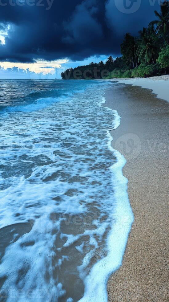 Tropical beach at dusk with gentle waves lapping the shoreline photo