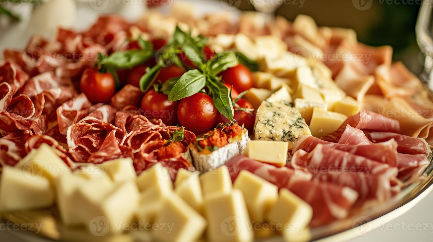 Colorful charcuterie board with cheeses, meats, and fresh vegetables photo