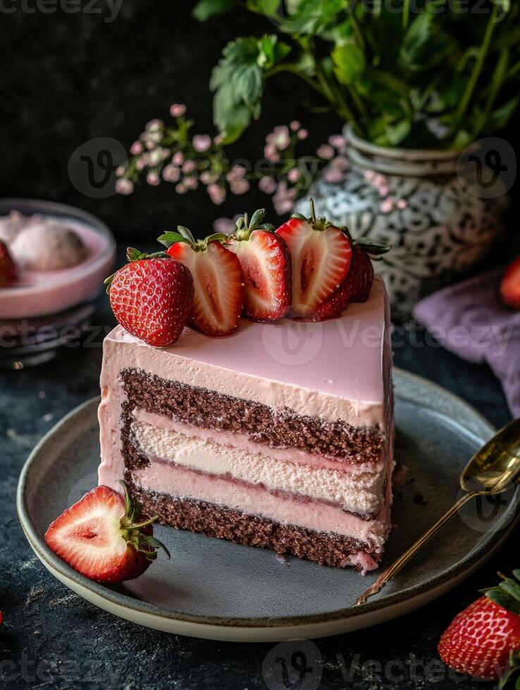 Delicious chocolate strawberry layer cake served on a rustic plate photo