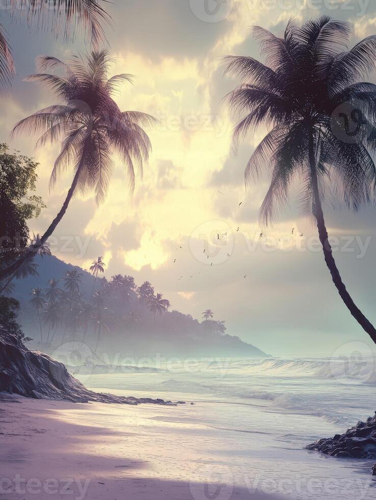 Tropical beach at dusk with palm trees and gentle waves under clouds photo