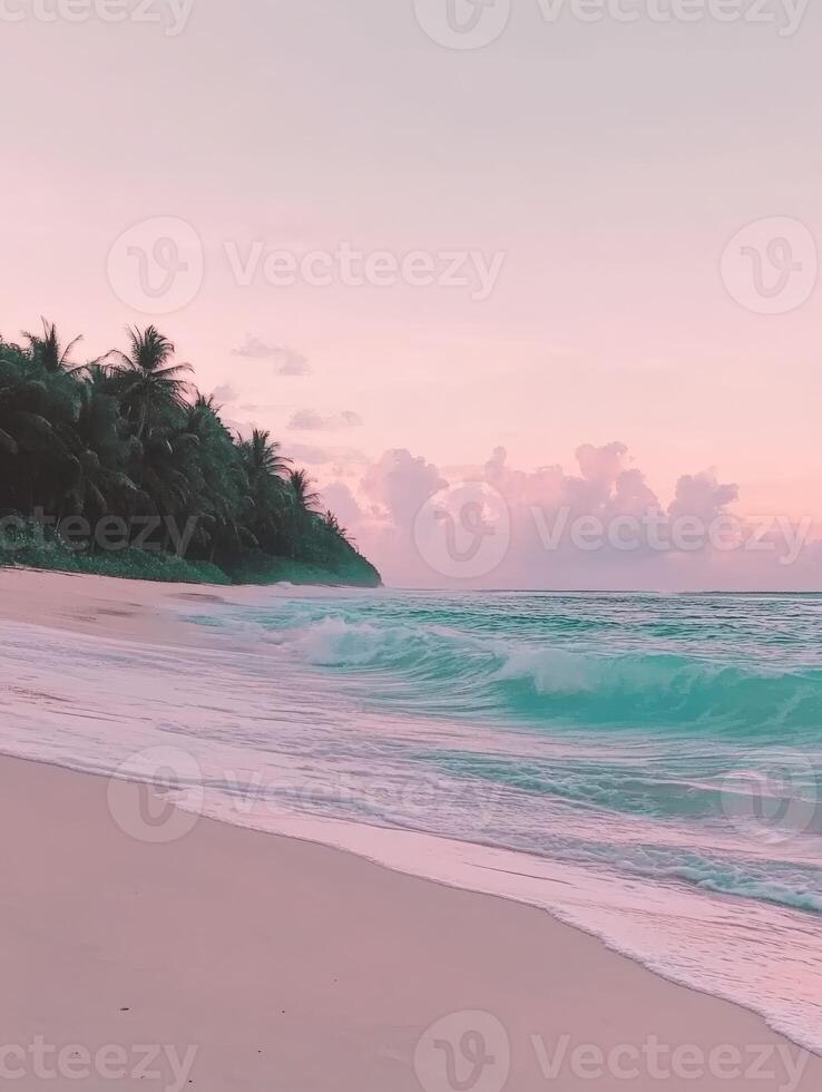 Tropical beach at dusk with gentle waves and palm trees in the background photo
