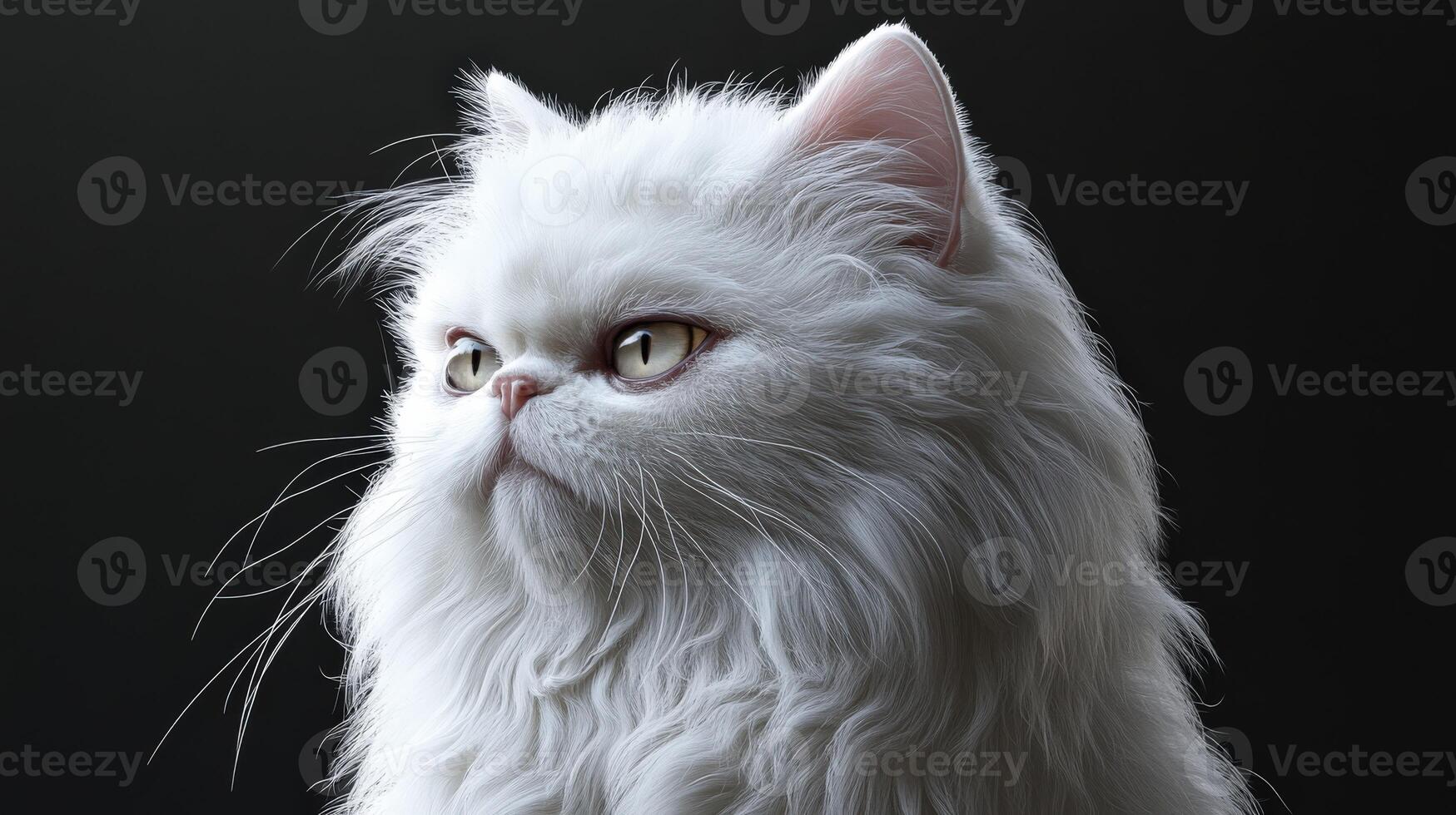 Fluffy white Persian cat posing against a dark background at home photo