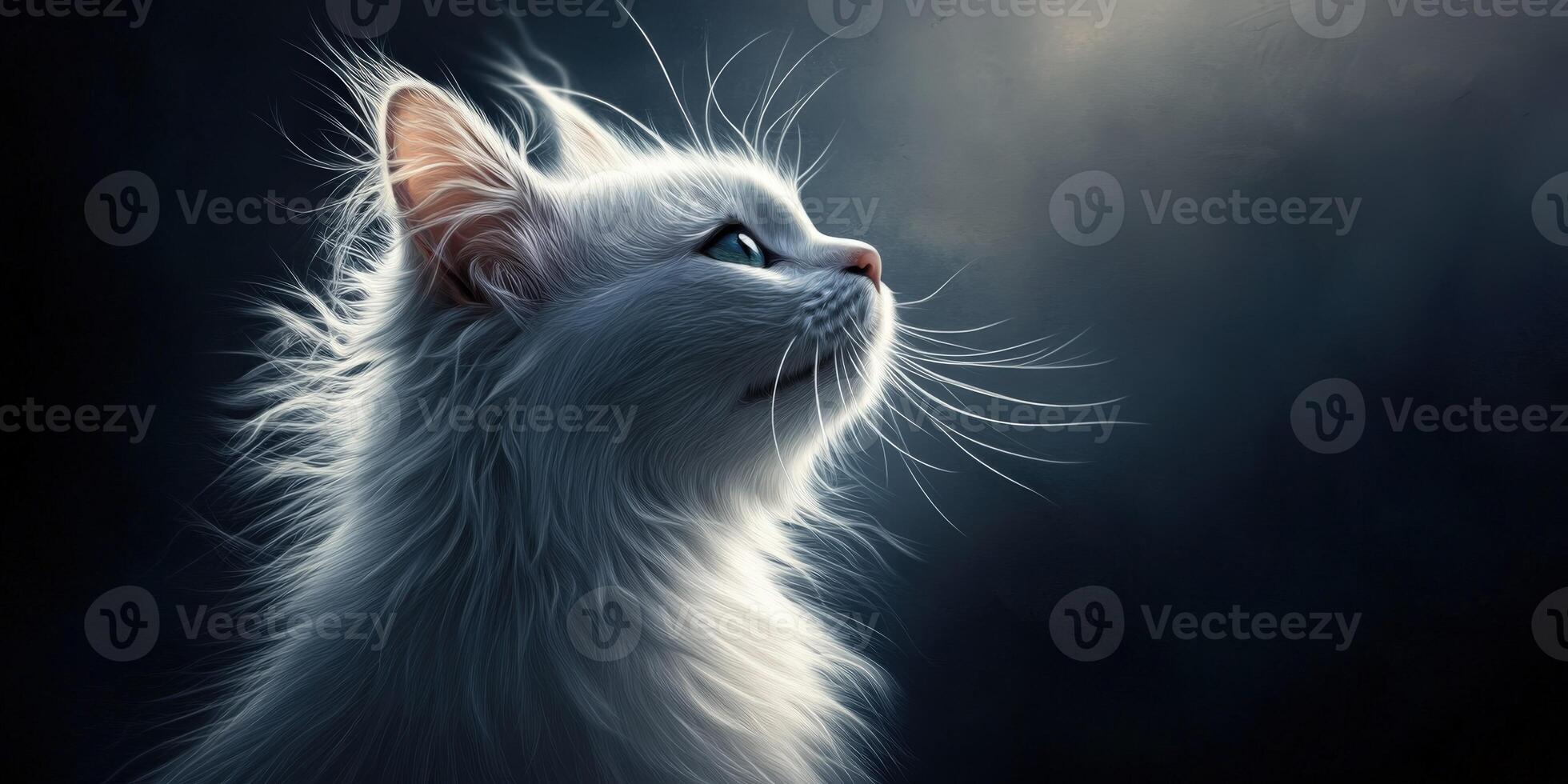 Fluffy white cat gazing thoughtfully into the distance in soft light photo