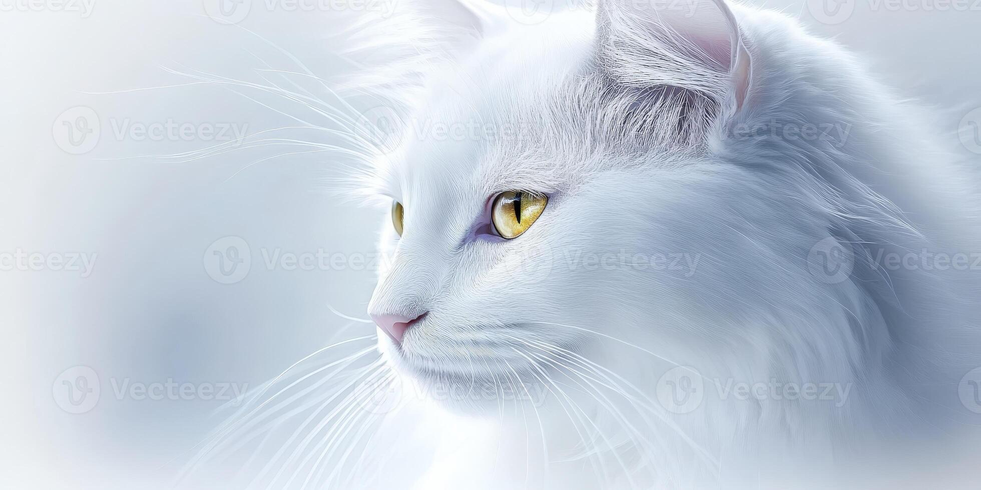 A serene white cat with striking yellow eyes against a soft background photo