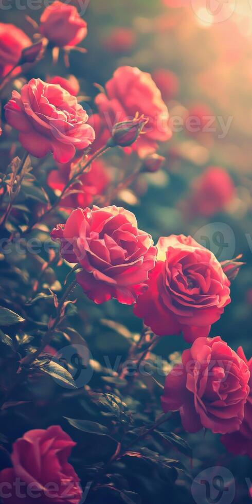 Beautiful pink roses blooming in a lush garden during golden hour photo