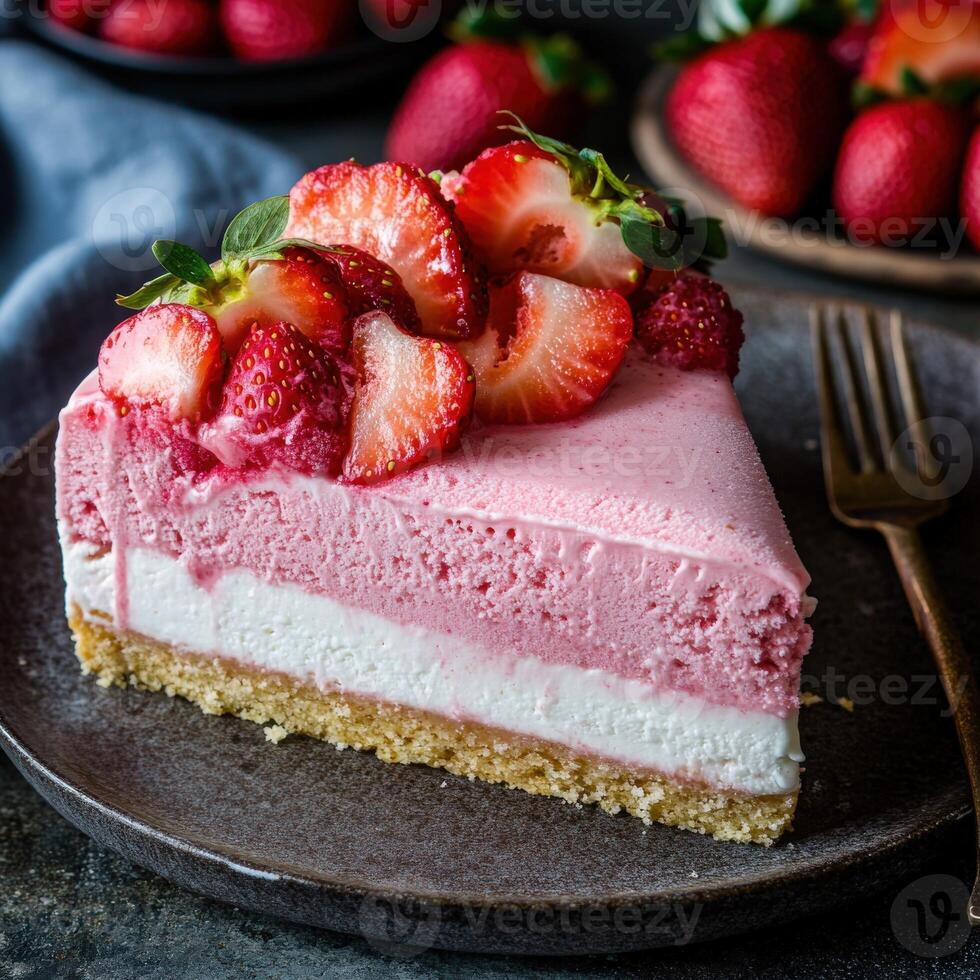 Delightful strawberry cheesecake slice served on a rustic plate photo
