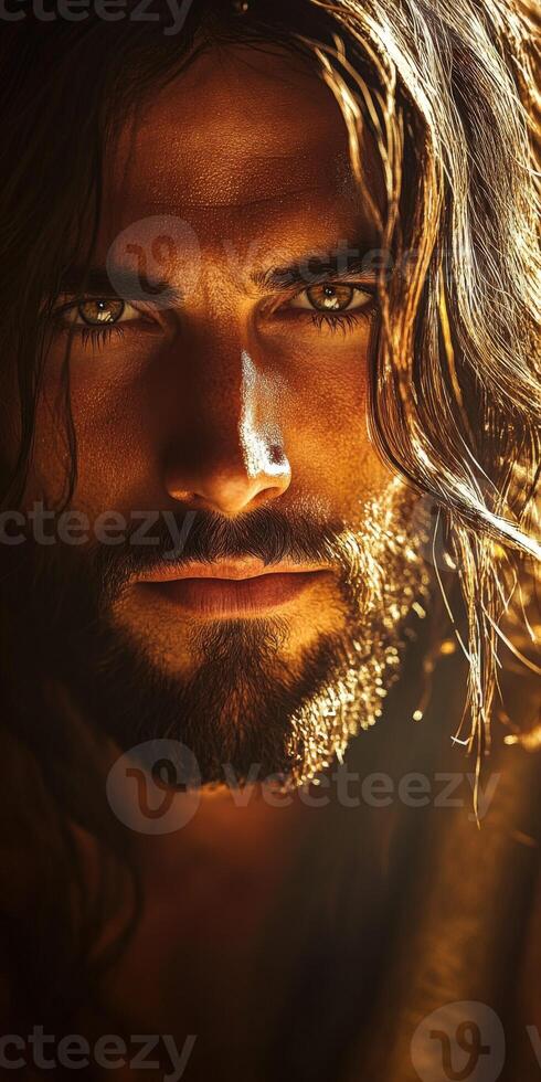 Jesus Christ portrait showcasing deep expression and intense gaze photo