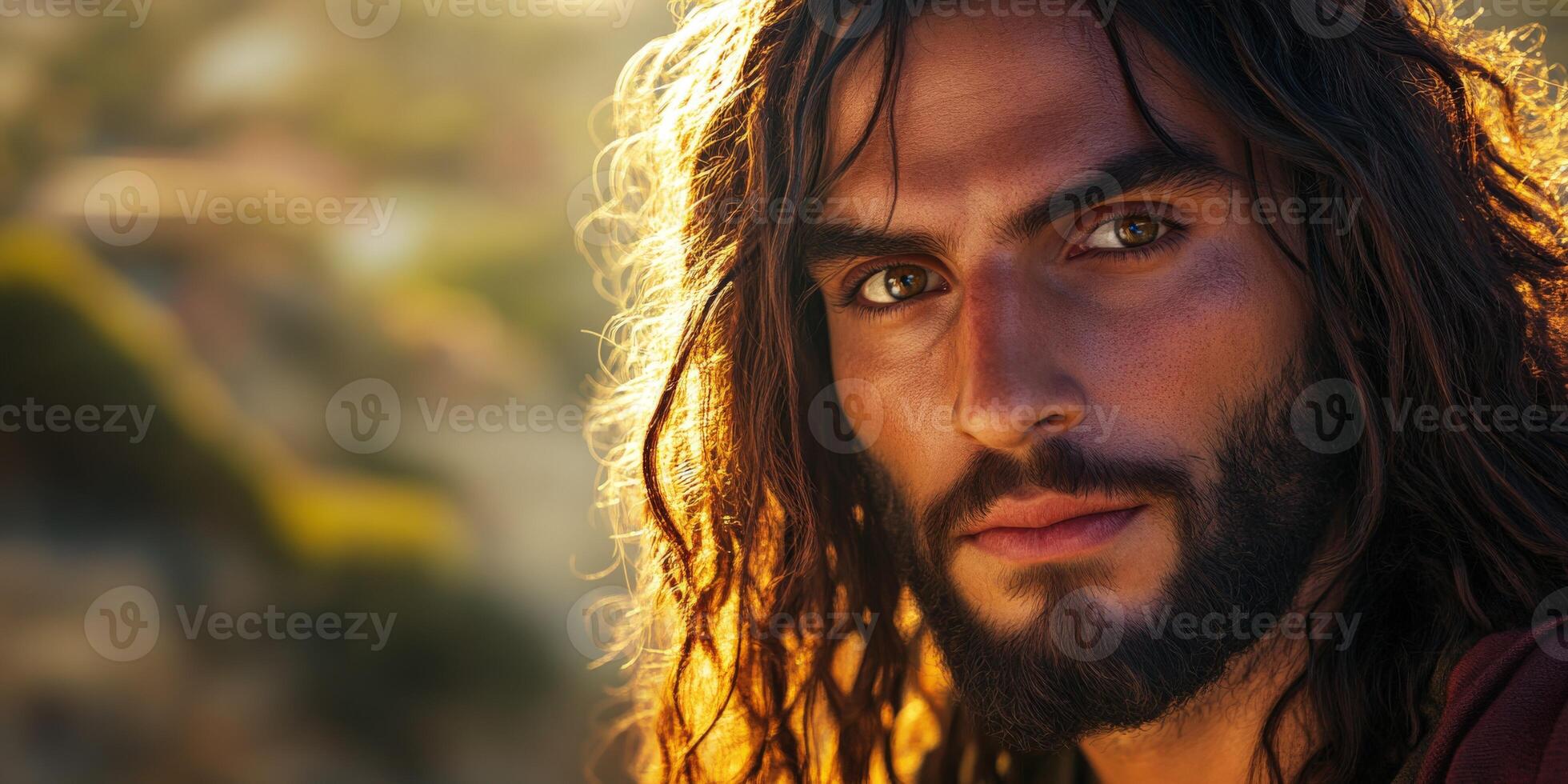 Jesus Christ in natural light with long hair and beard during sunset photo