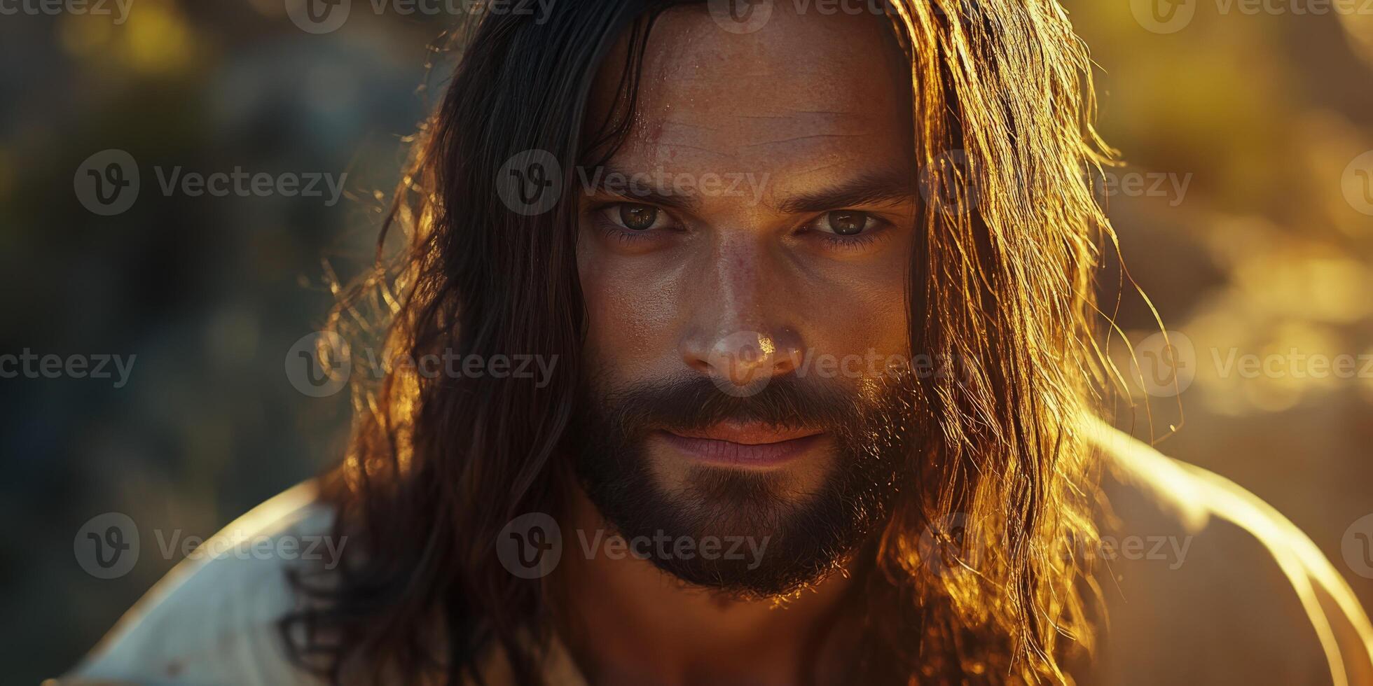 Jesus Christ gazes thoughtfully while surrounded by nature at sunset photo