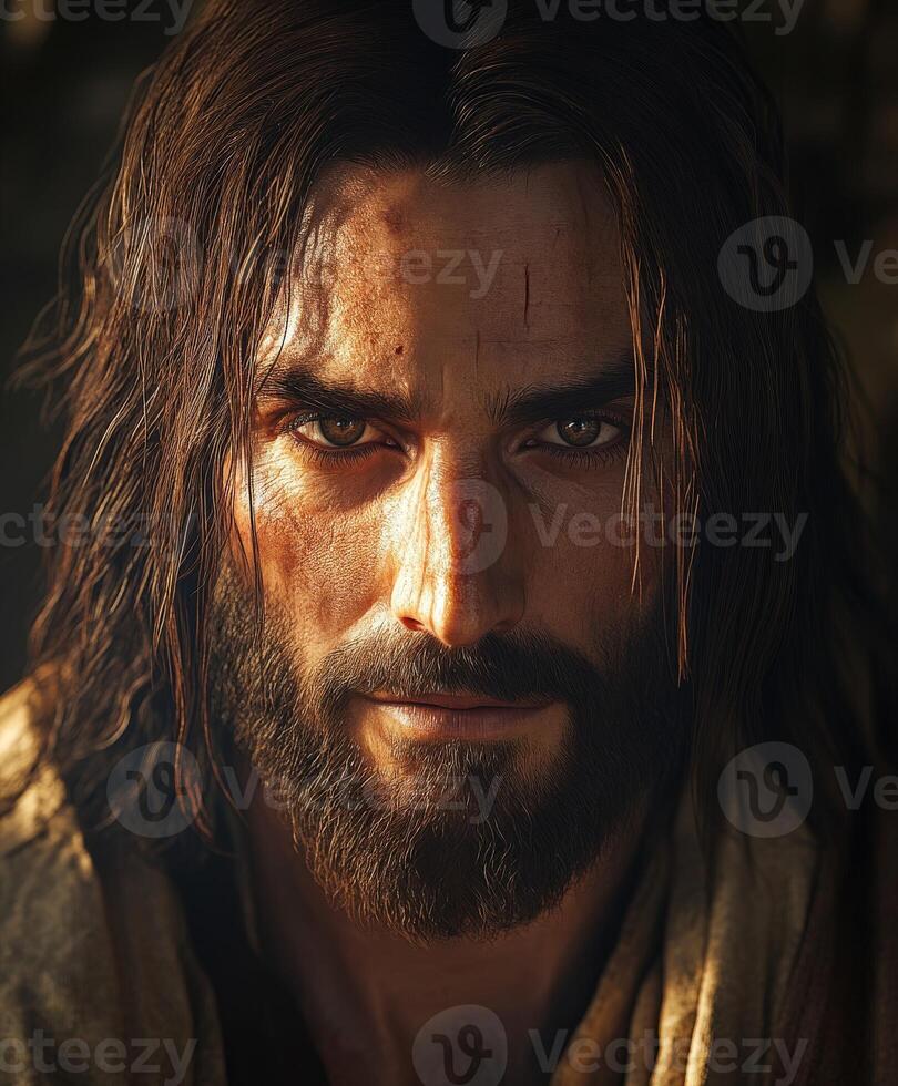 Jesus Christ portrayed with deep expression in a dramatic lighting setting photo