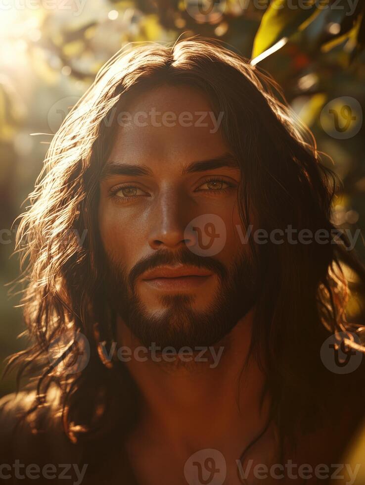 Portrait of Jesus Christ in natural light surrounded by greenery photo