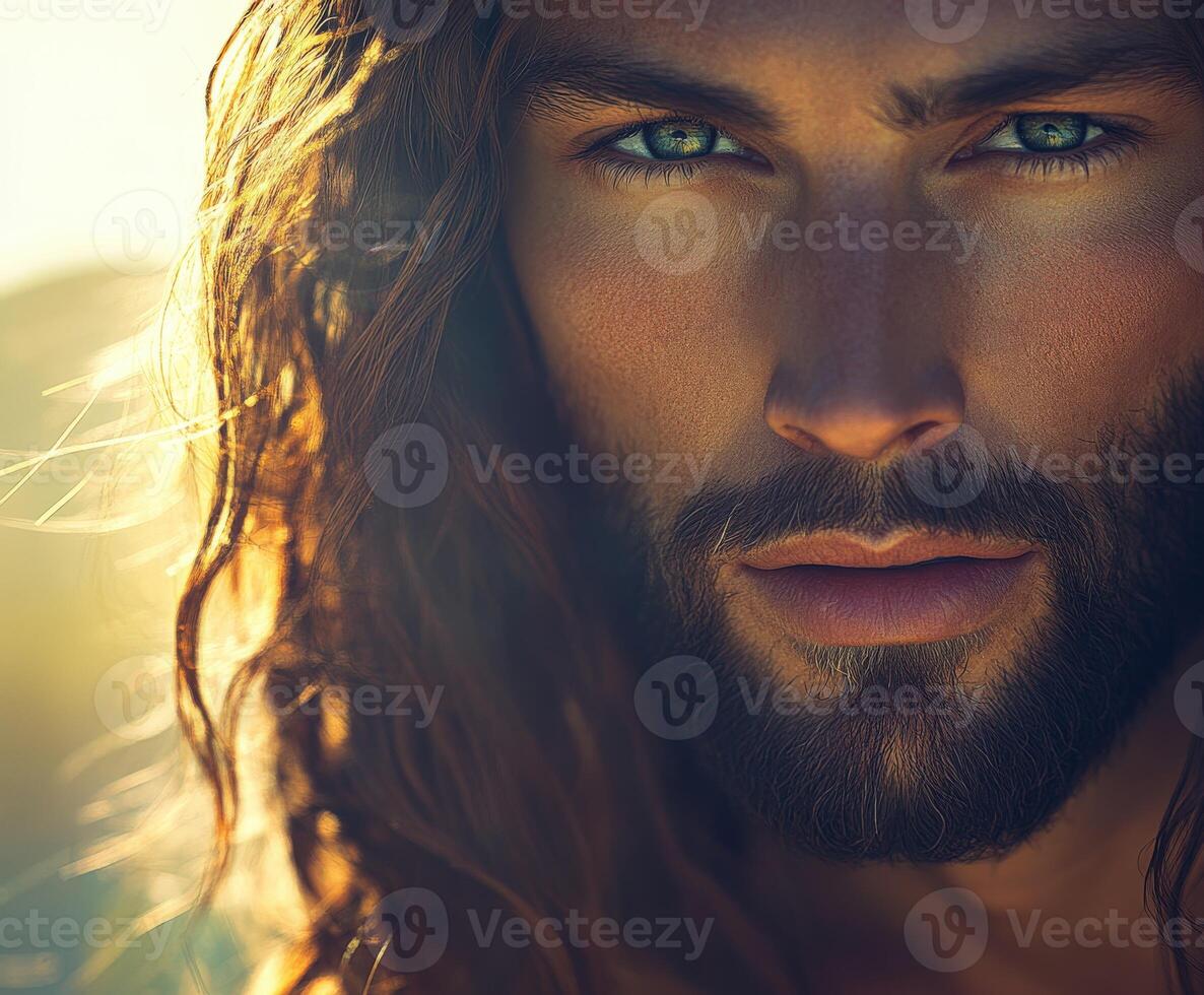 Jesus Christ in a serene moment, softly illuminated by sunlight photo