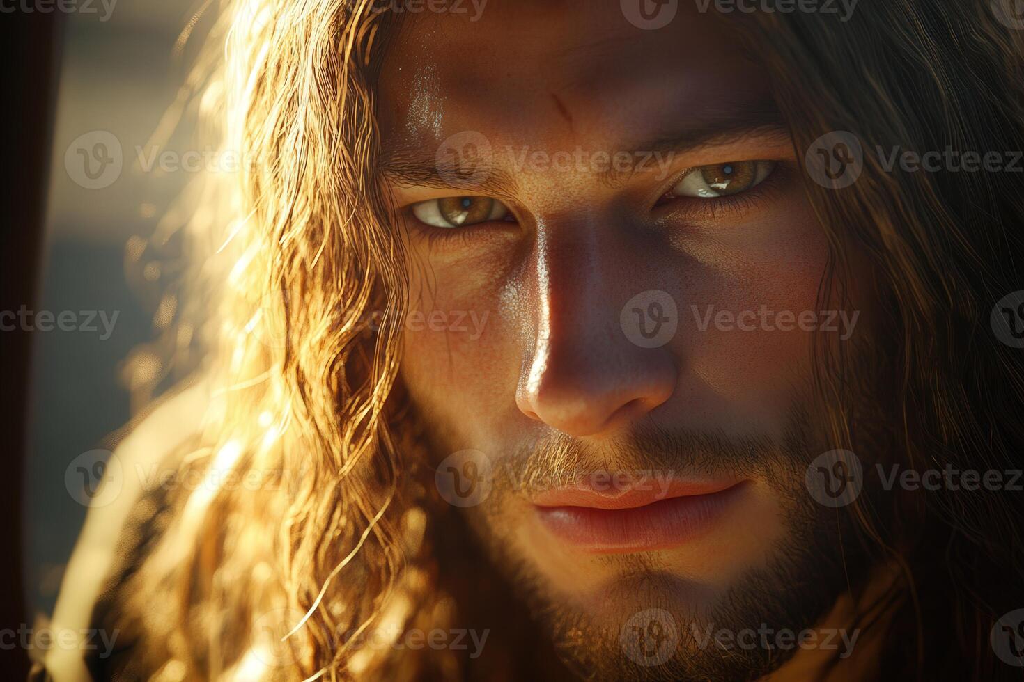 Jesus Christ portrait outdoors, long hair and thoughtful look photo