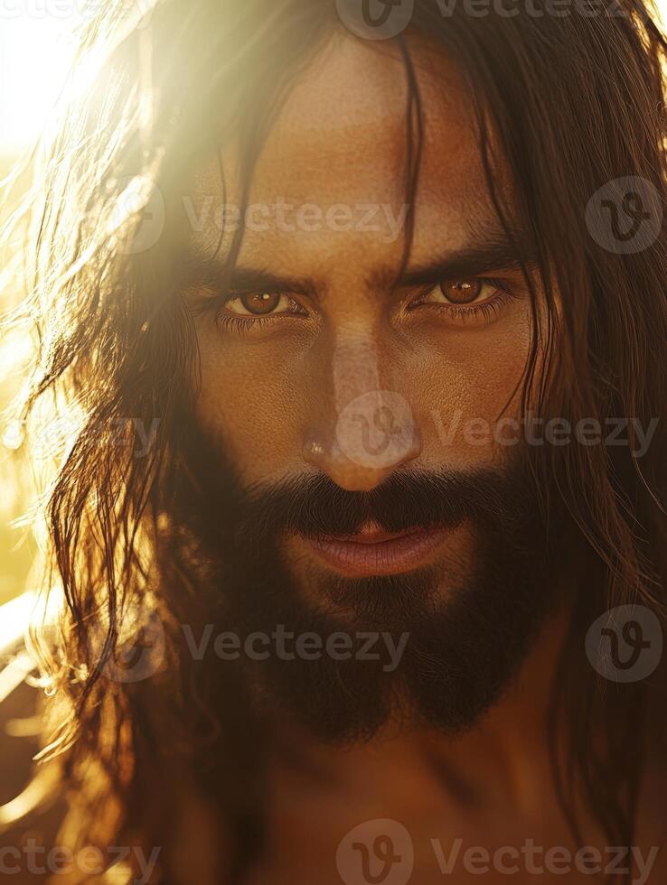 Jesus Christ portrayed with a serene expression in golden sunlight photo