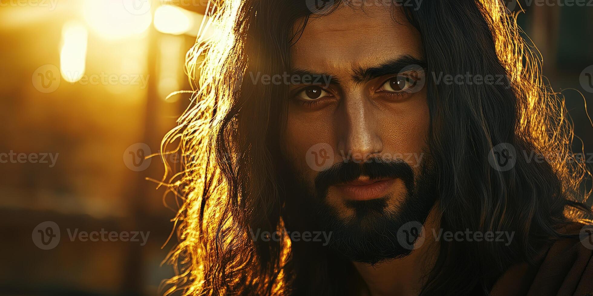 Jesus Christ with long hair and beard at a golden sunset photo