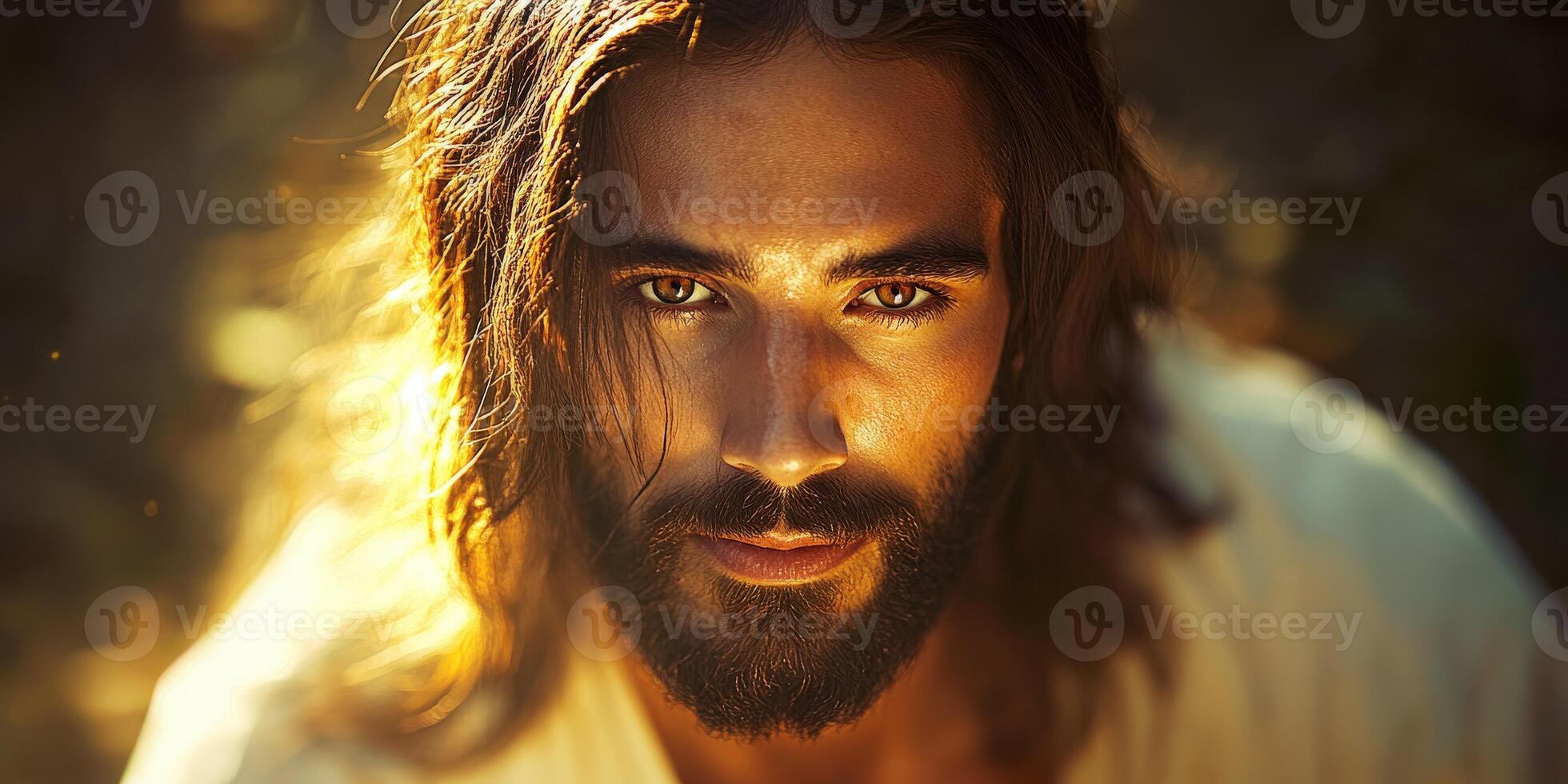 Jesus Christ with long hair and beard in a serene outdoor setting at dusk photo