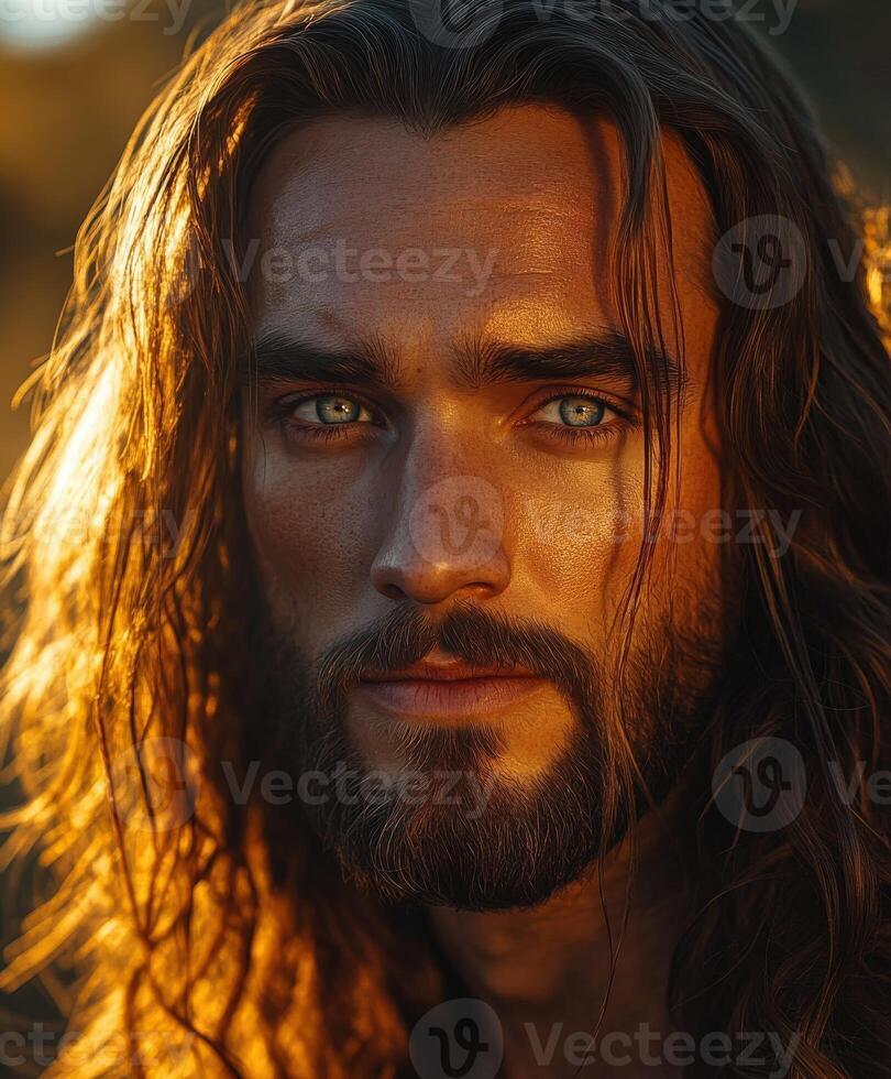 Jesus Christ portrayed in warm light with long hair and a beard photo