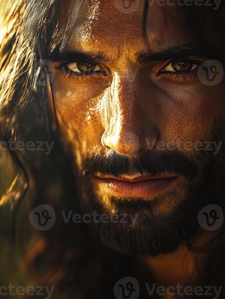 A close-up of Jesus Christ showcasing intense expression and sunlight photo