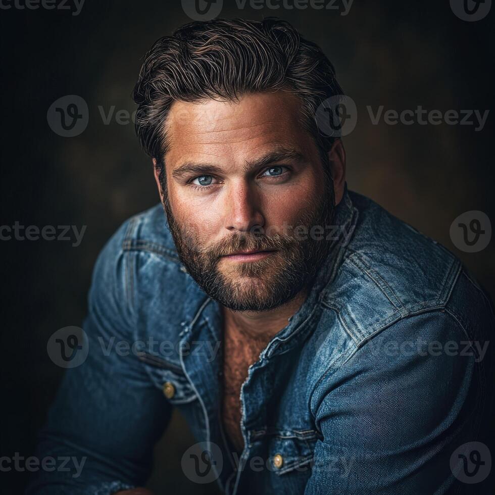 Handsome man in denim jacket poses confidently with a serious expression photo