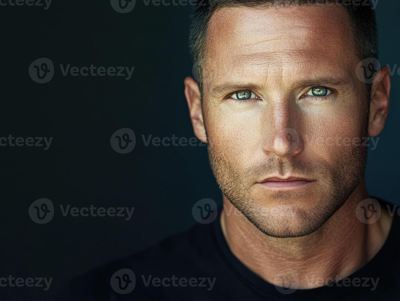 Captivating close-up of a man with striking green eyes and strong features photo