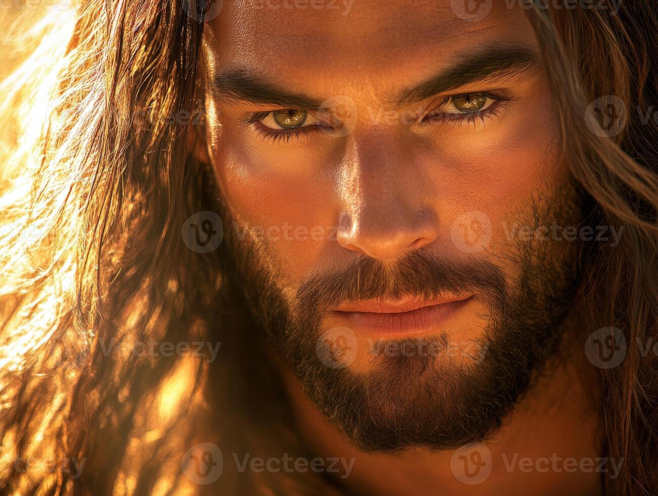 Jesus Christ shown with flowing hair and a striking gaze photo