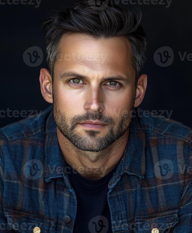 Casual portrait of a man wearing a denim jacket against a dark background photo