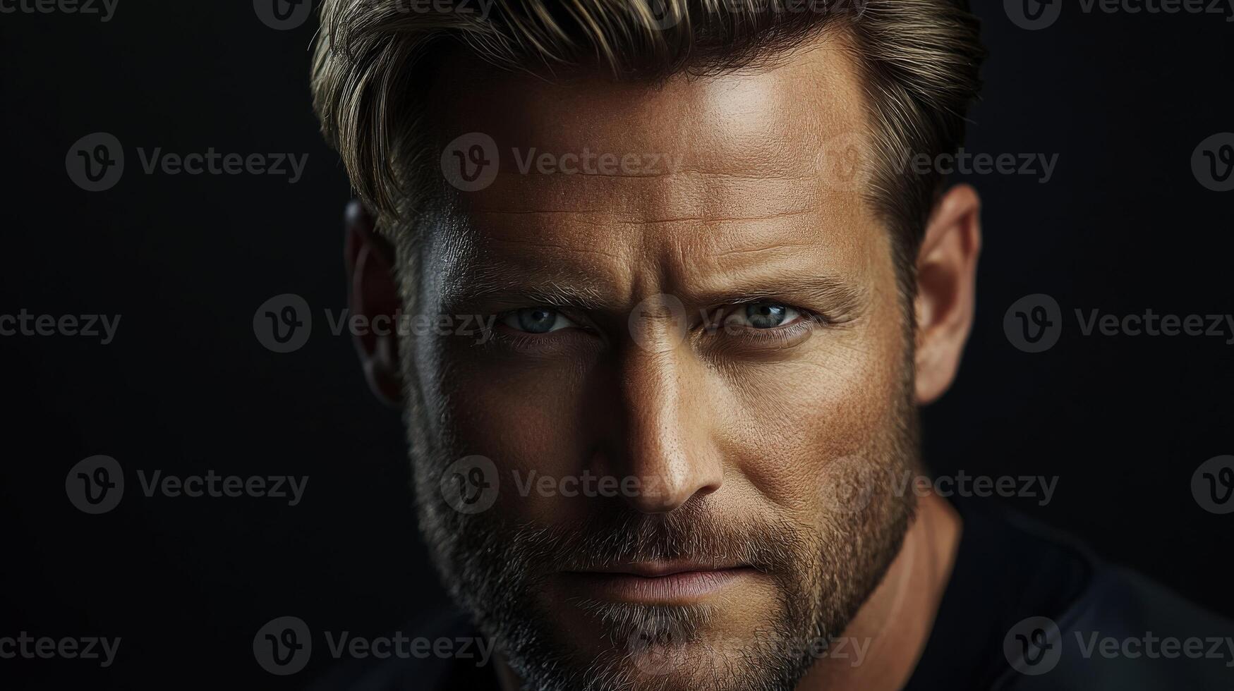 Close-up portrait of a man with striking blue eyes and rugged features photo