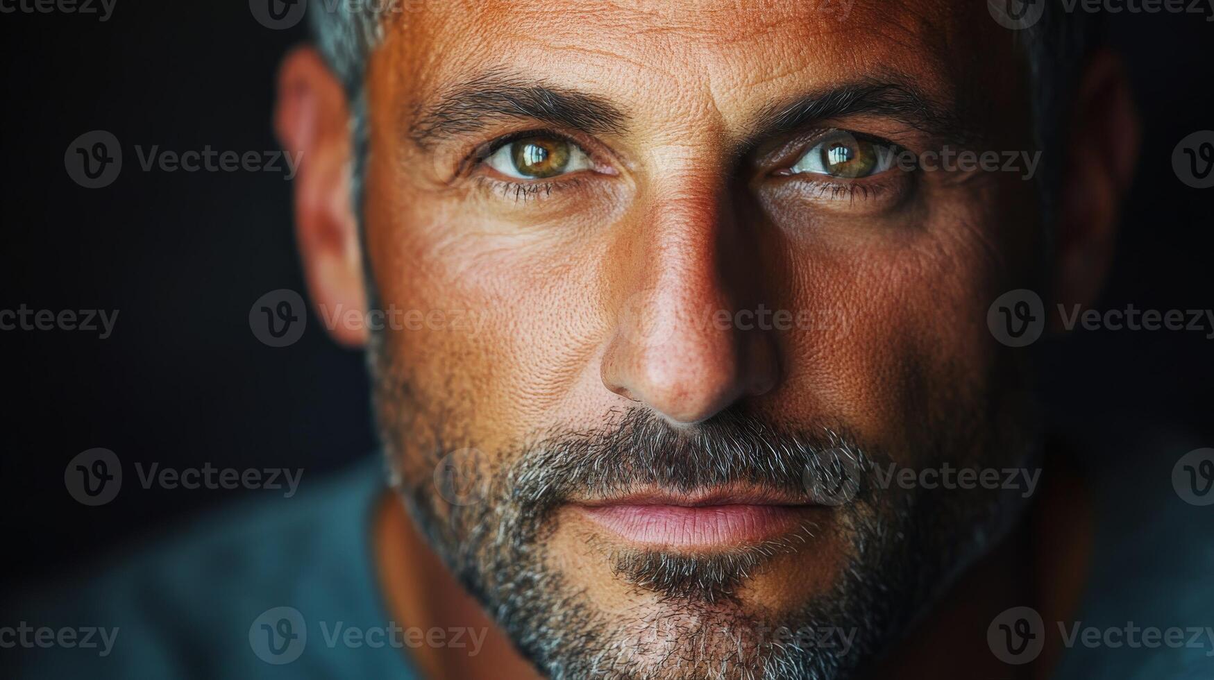 Close-up portrait of a man with a beard and striking brown eyes indoors photo