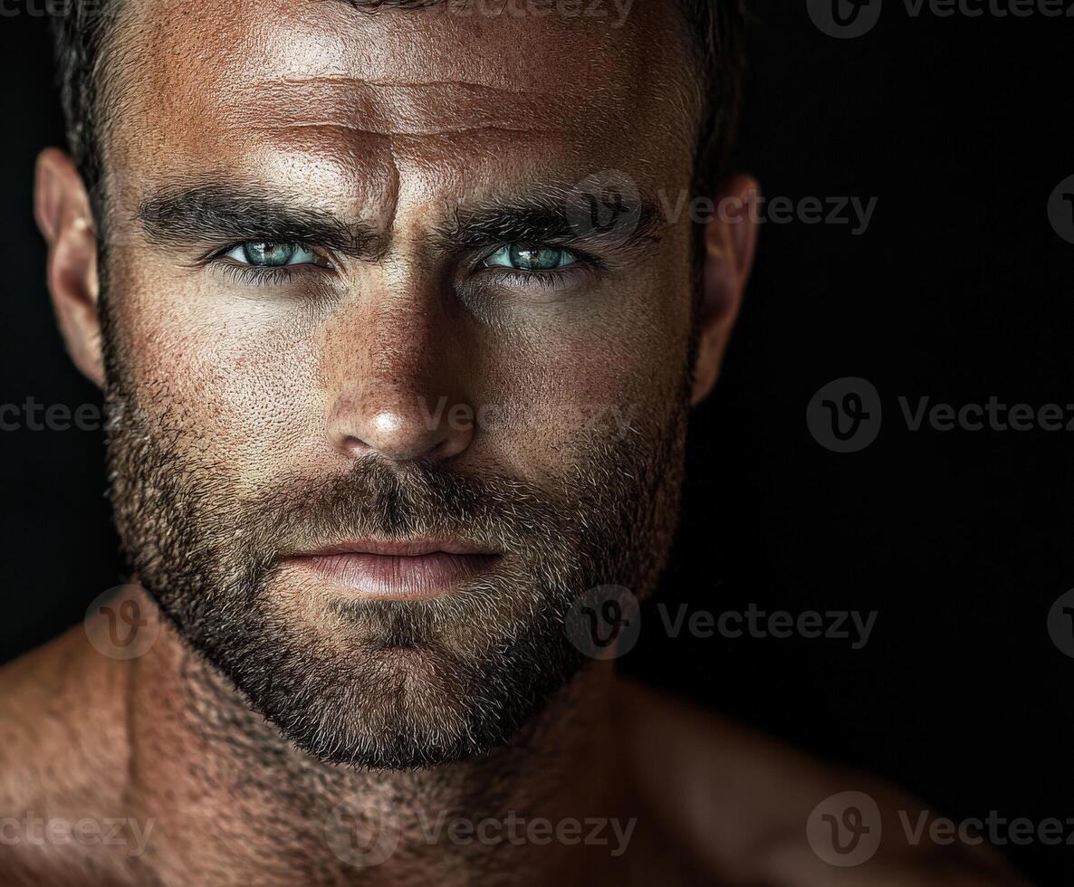 Close-up portrait of a man with piercing blue eyes and rugged beard photo