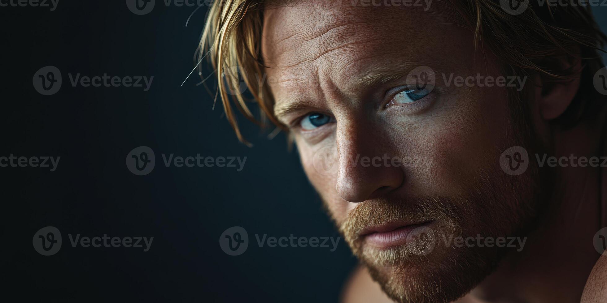 Man with blue eyes and tousled hair, dark background photo