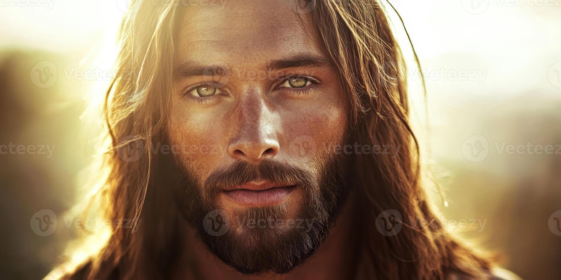 Portrait of Jesus Christ with long hair and beard during sunset photo