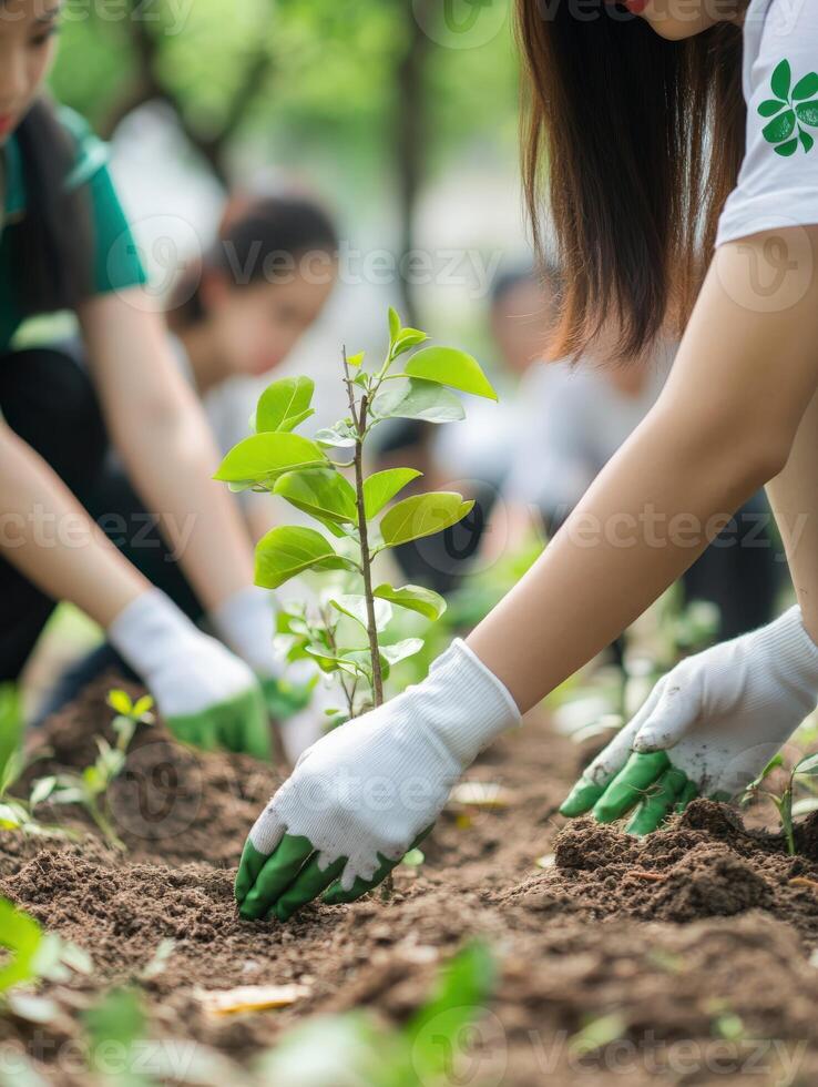 Community members planting young trees in a local park during spring photo