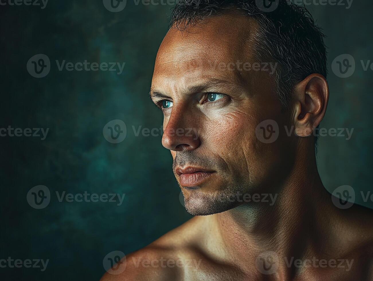 Man with intense gaze poses against a dark background in soft light photo