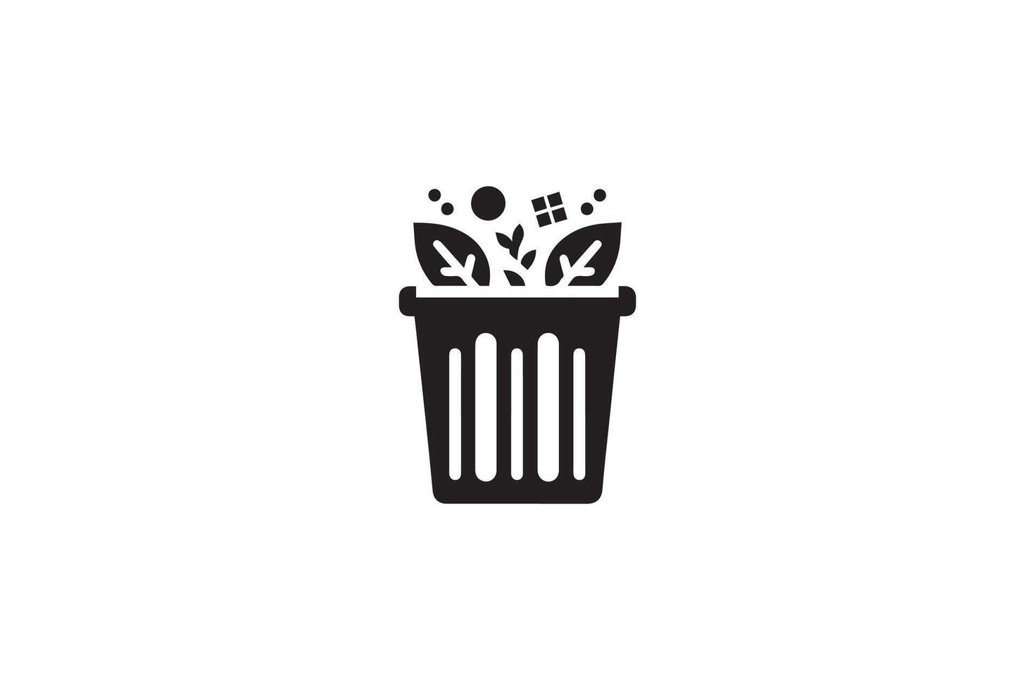 A black and white illustration of a trash can with flowers vector