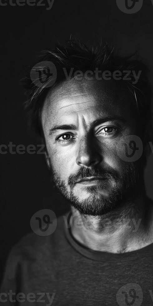 Close-up portrait of an intense man with a beard lit by dramatic light photo