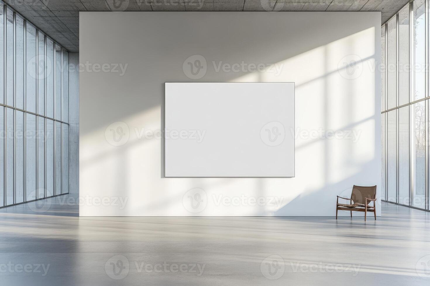 Minimalist gallery space with empty canvas and wooden chair in sunlight photo