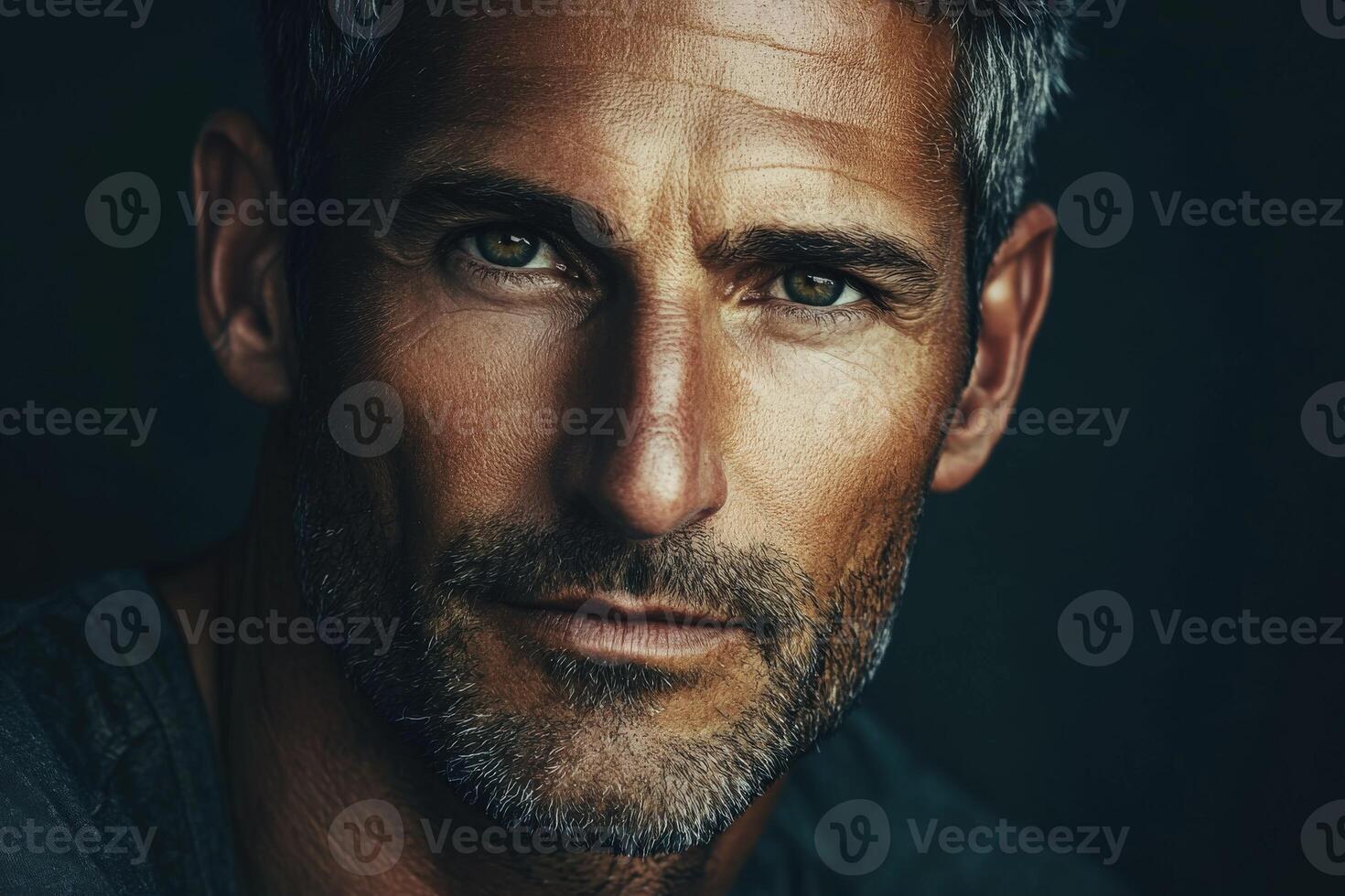 Close-up portrait of a serious man with a beard against a dark background photo