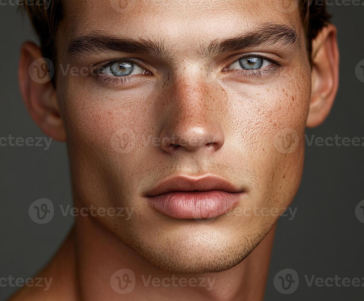 Young male model with striking blue eyes poses against neutral background photo