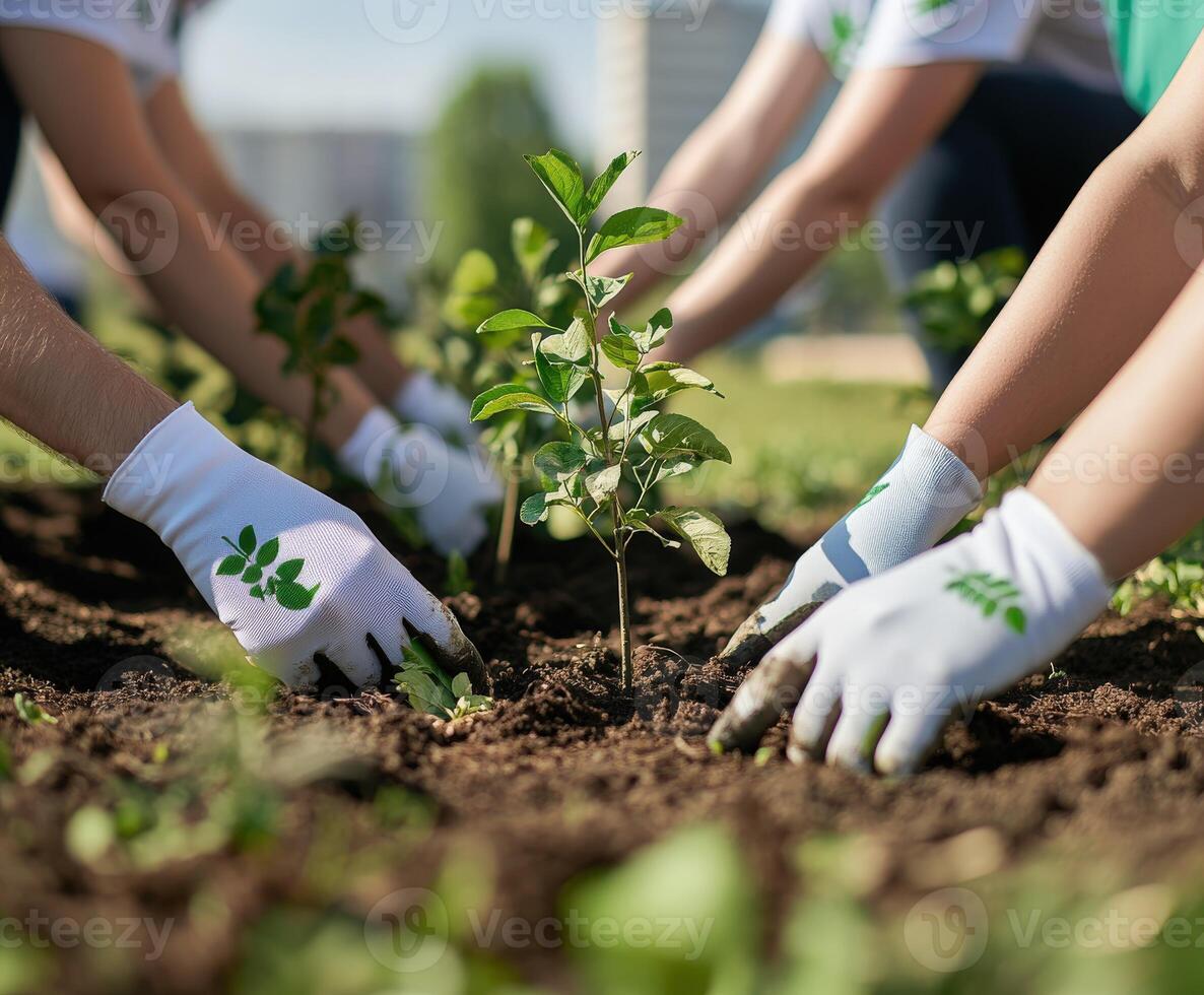Community members planting trees in a urban park during spring afternoon photo