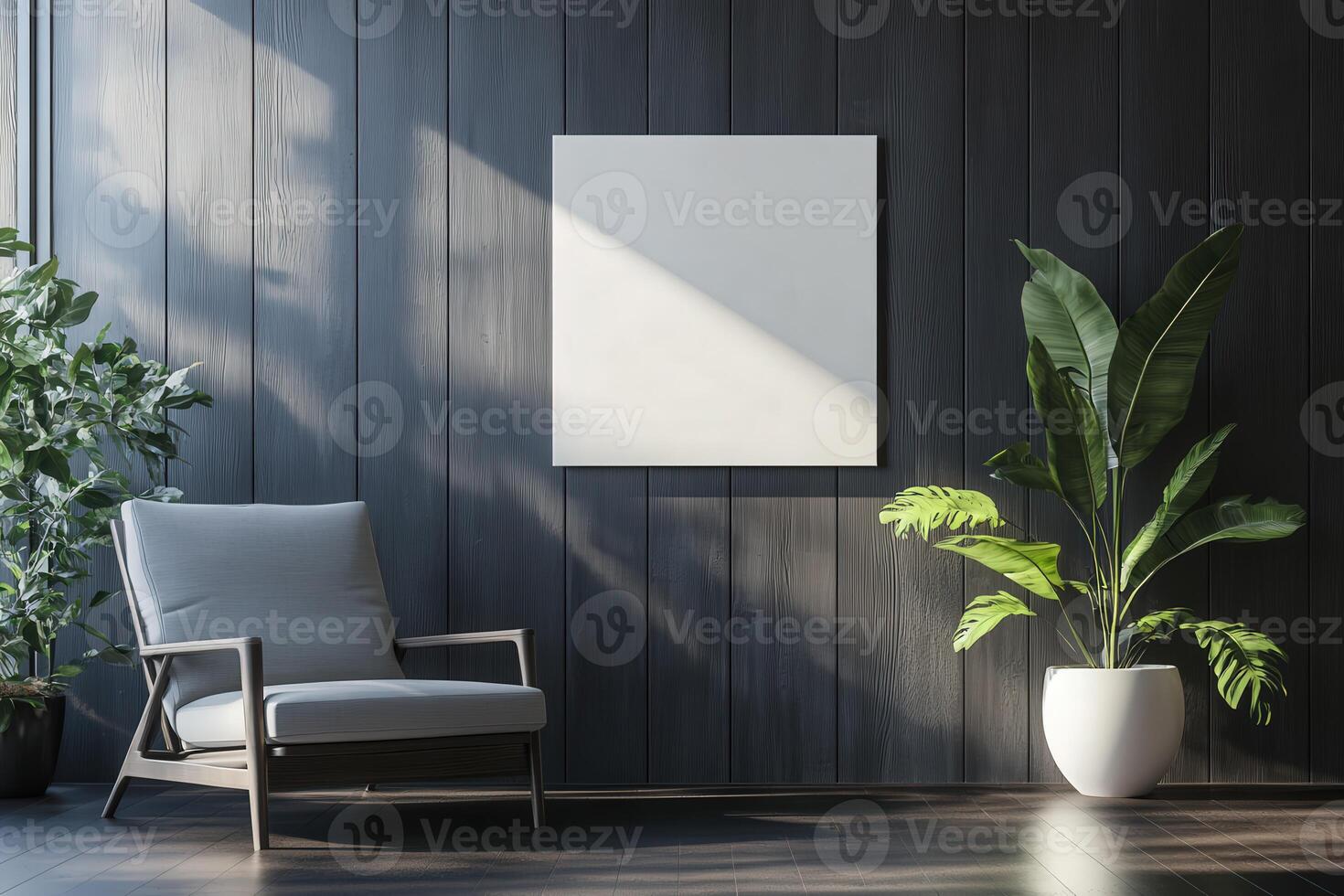 Modern living room with plant and minimalist artwork in afternoon light photo