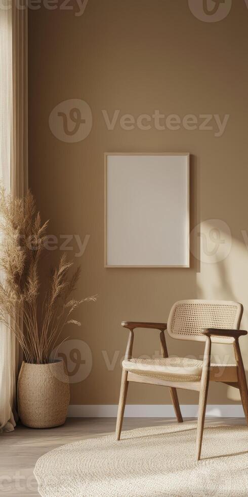 Modern minimalist interior with a chair and empty frame in warm tones photo