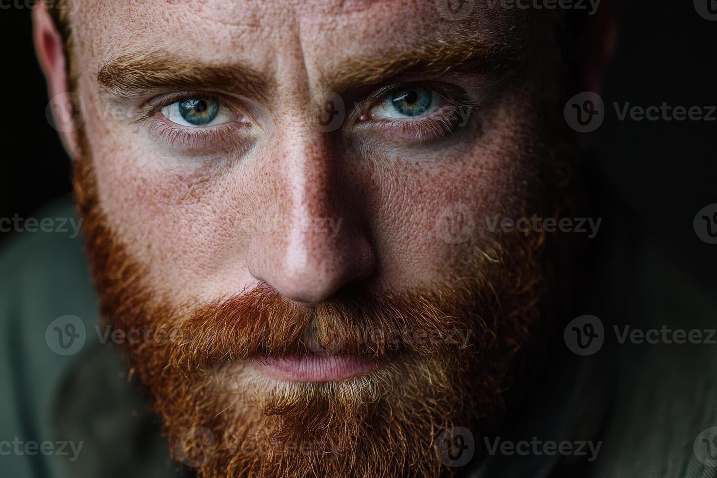 Close-up portrait of a man with striking green eyes and red beard photo