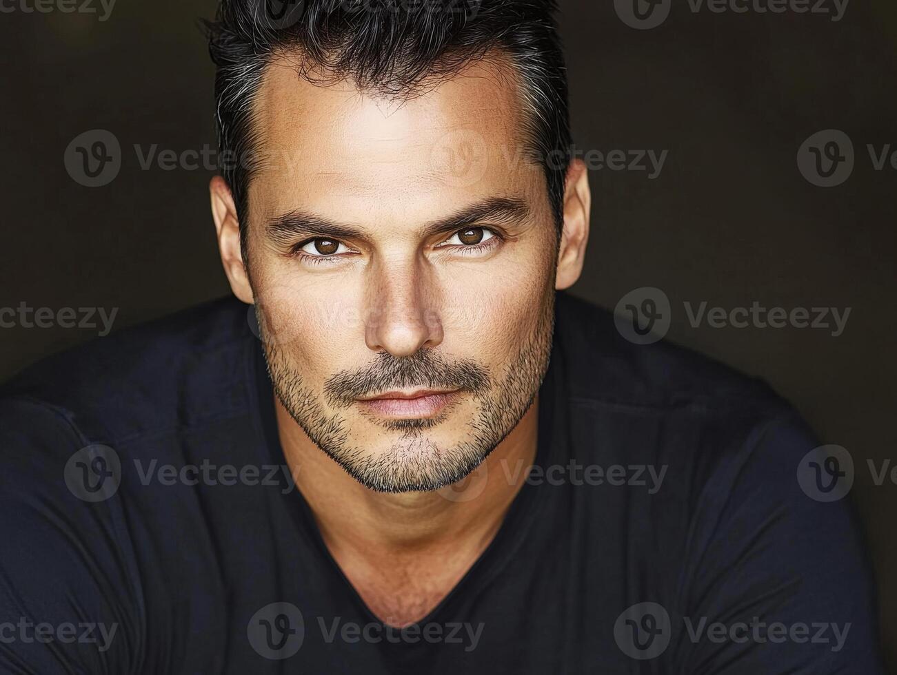 Handsome man with a strong gaze posing against a dark background photo
