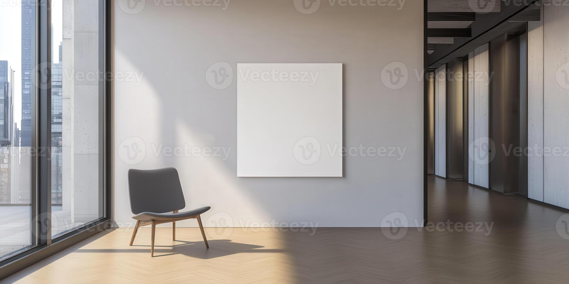 Contemporary art gallery interior with empty canvas and modern chair photo