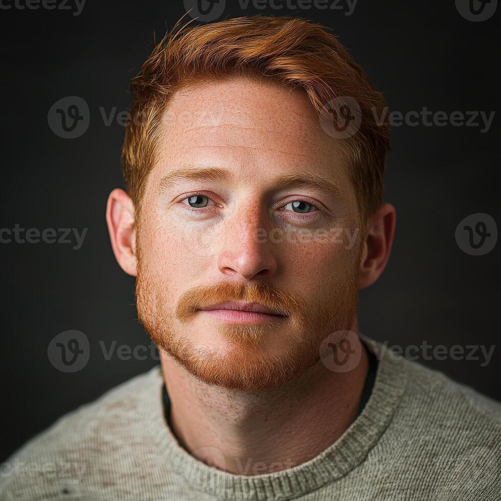 Red-haired young man in a sweater on a dark background photo